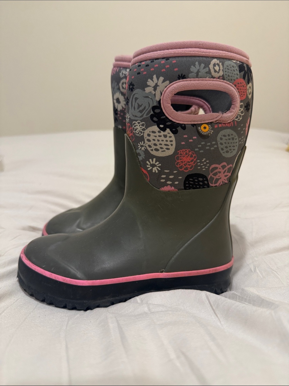 Bogs Kids Olive Green Rain Boots with Pink Trim & Floral Cuff